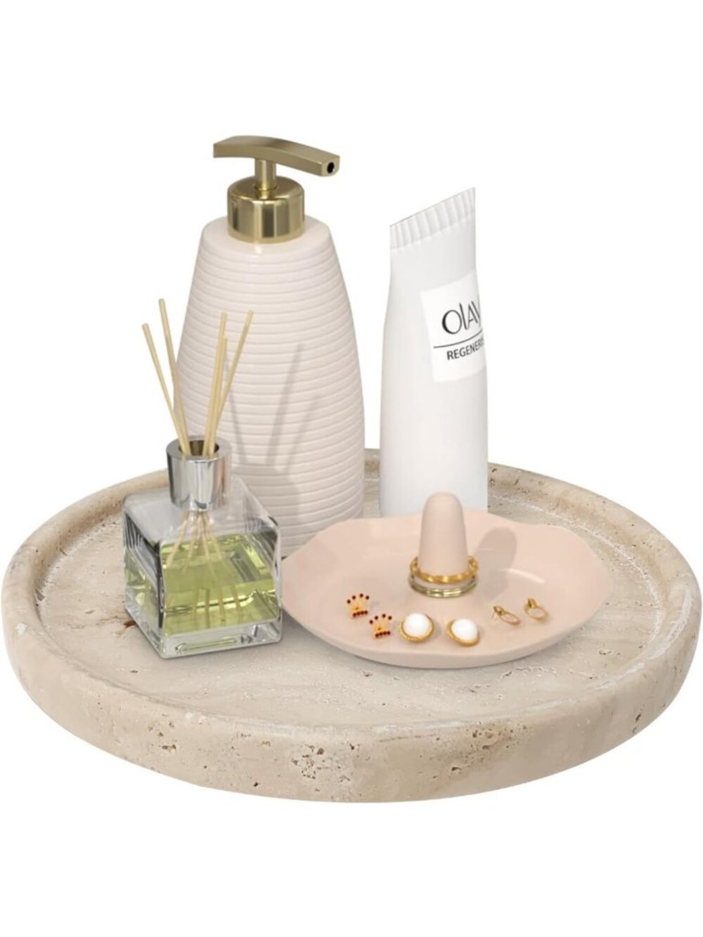 Small Round Ceramic Vanity Tray for Bathroom & Coffee Table Decor - Beige